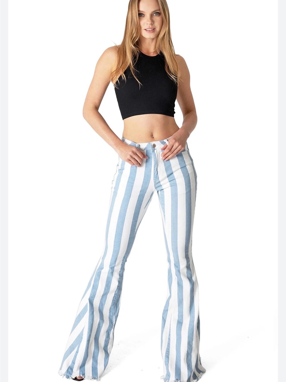 High-Rise Blue & White Stripe Flare Jeans